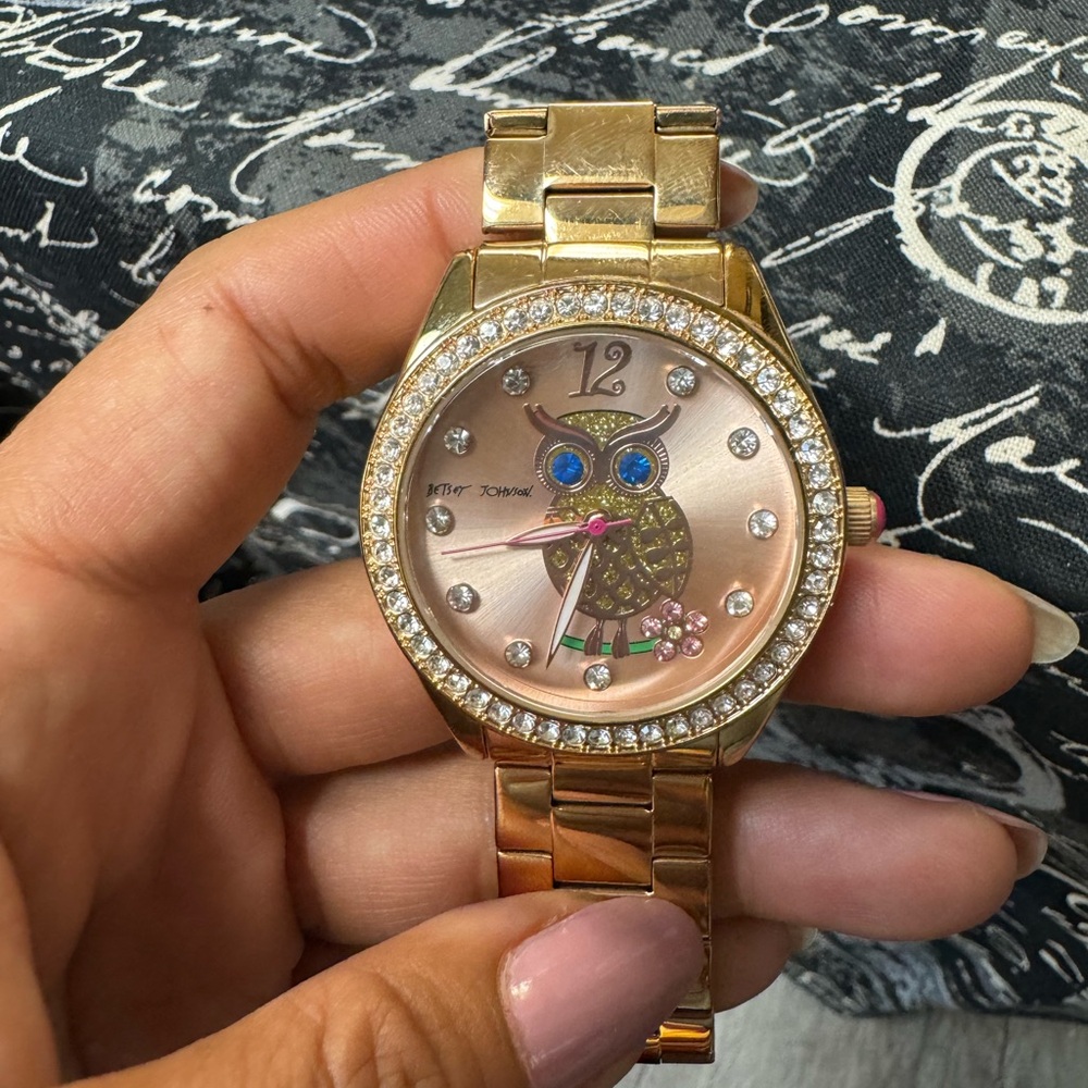 Betsy Johnson watch, rhinestones, rose gold tint metal band